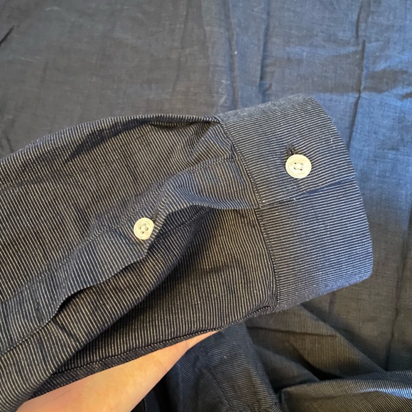 Frank + Oak Men’s Collarless Navy and White Striped Large Button-Up Shirt - Picture 3 of 4